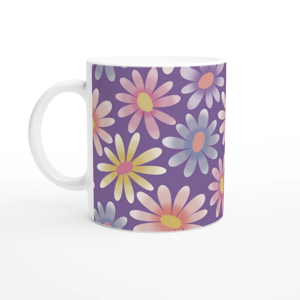 Retro pastel daisy mug with purple background, white handle, colorful floral pattern—ceramic coffee cup.