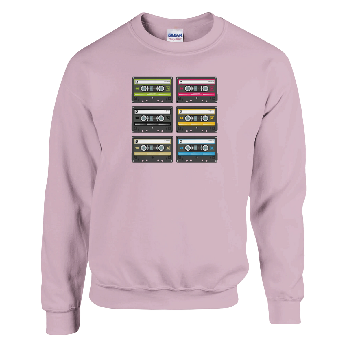 Pink crewneck sweatshirt featuring a grid of six colorful retro cassette tapes with 90s music graphics.