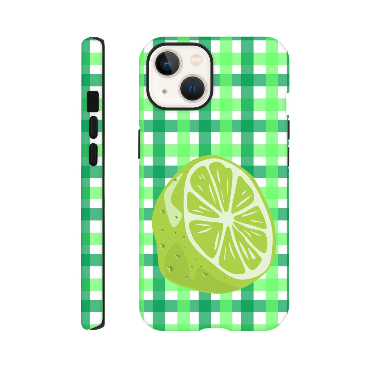 Lime green gingham iPhone case featuring a glossy citrus slice graphic and tough shock-absorbing protection for daily use.