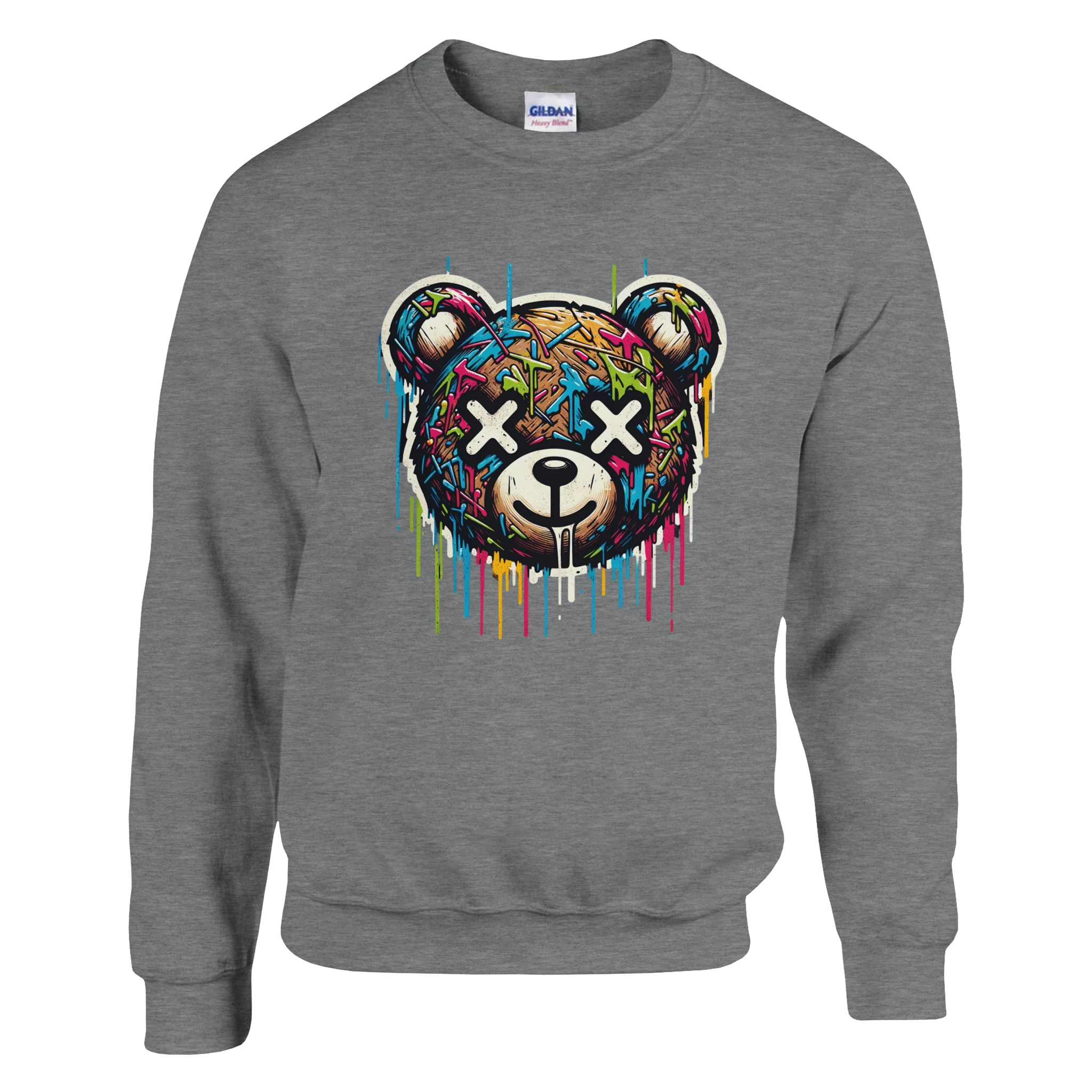 Teddy Bear men's graphic sweatshirt on gray, vibrant dripping-paint bear, 50/50 cotton-poly pullover, sizes S-XL