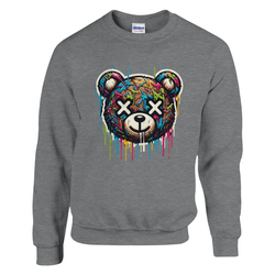 Teddy Bear men's graphic sweatshirt on gray, vibrant dripping-paint bear, 50/50 cotton-poly pullover, sizes S-XL