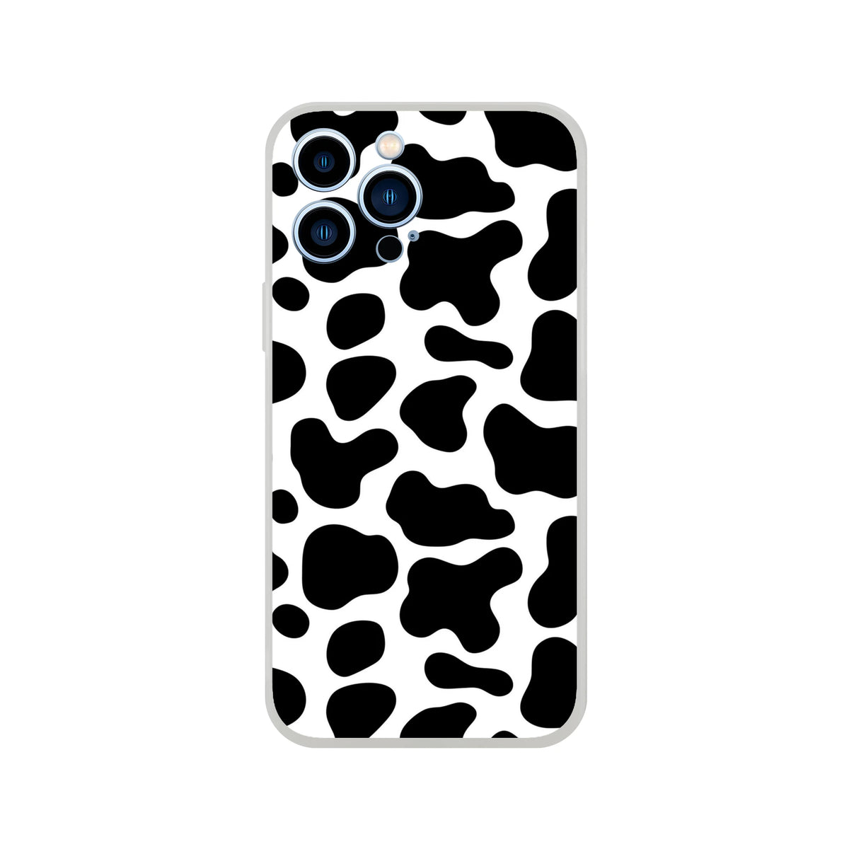 Cow-print iPhone case for 13–16 in bold black-and-white Y2K style with a silver edge
