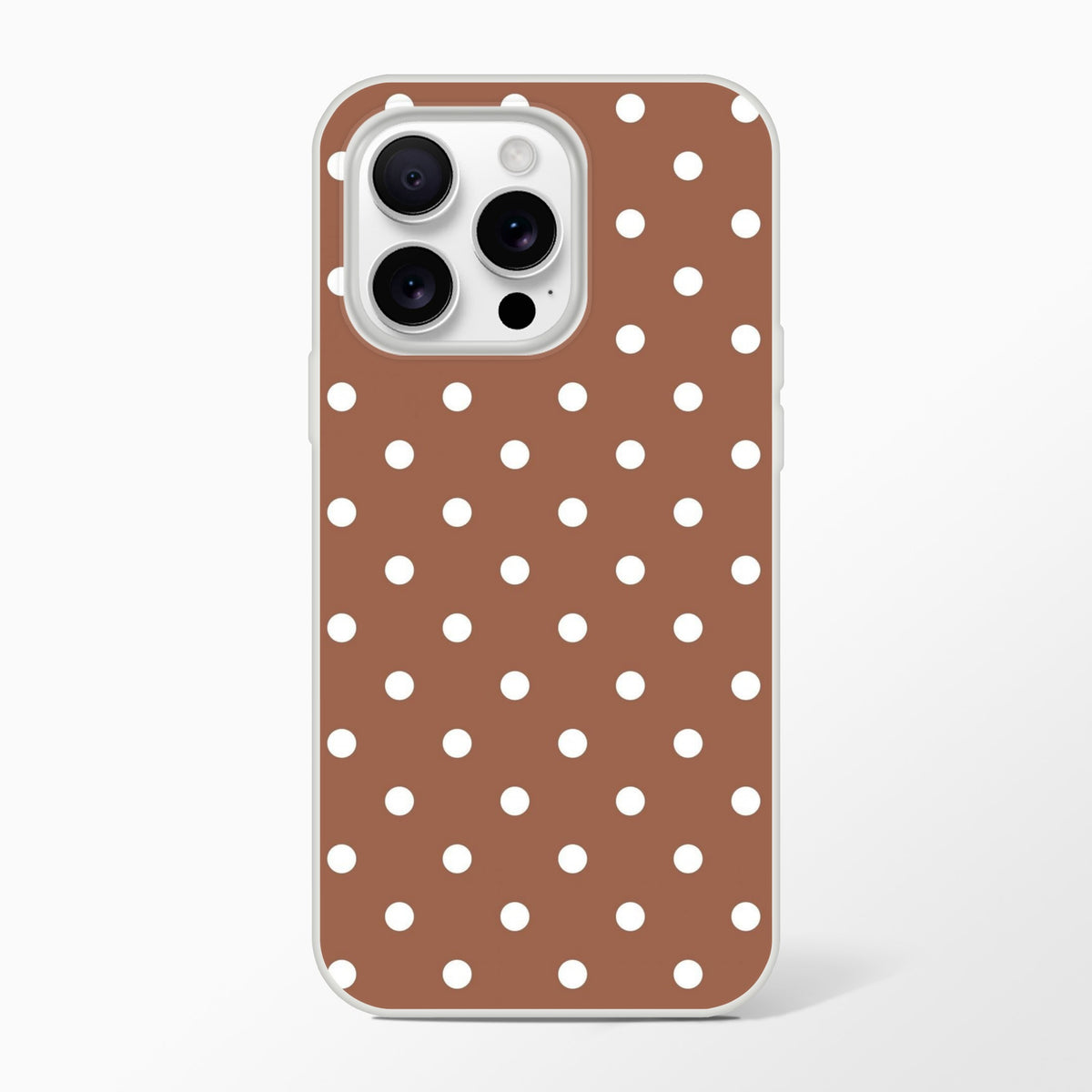Retro brown and white polka dot iPhone case with matte finish and shock-absorbing TPU protection for iPhone 13-16.