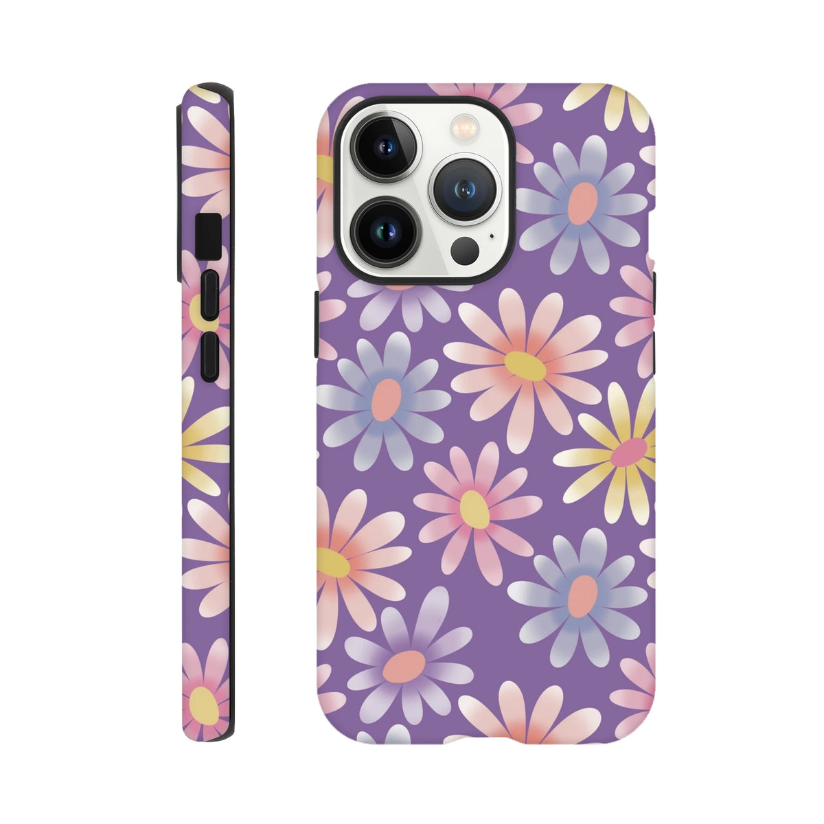 Purple retro floral iPhone case featuring pastel daisies on a violet background. Shock-absorbing TPU cover for iPhone 13-16.