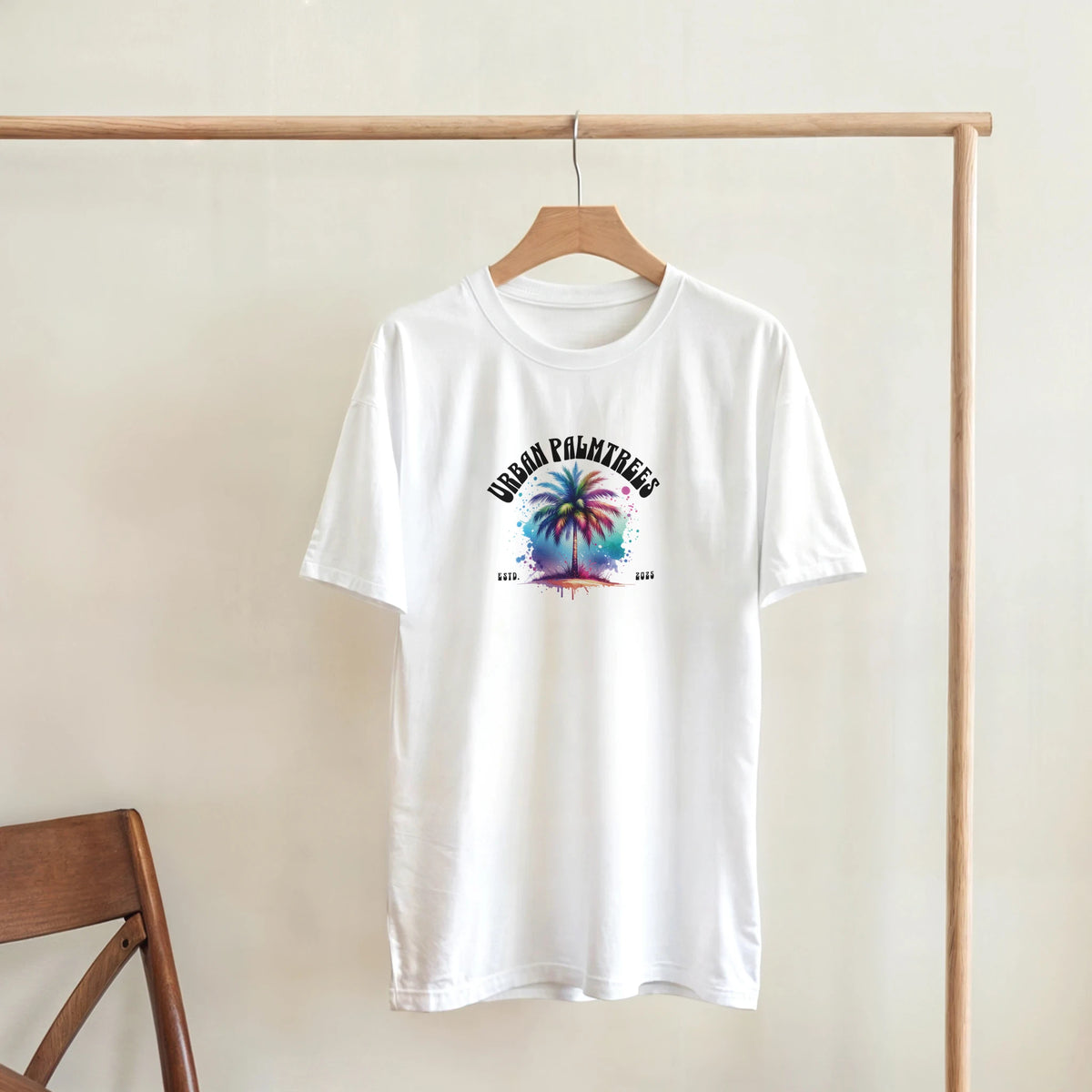 Urban Palm Trees T-shirt for Men on hanger, white tee with colorful palm tree graphic.