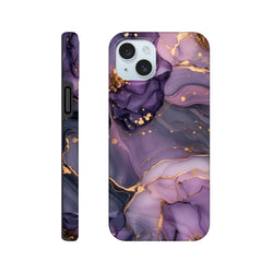 Luxury purple and gold marble iPhone case featuring abstract fluid art design with shimmering gold accents and wraparound coverage.
