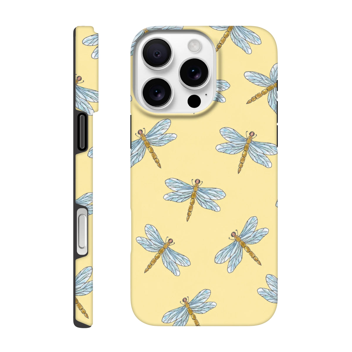 Yellow iPhone case featuring a pattern of blue-winged dragonflies with orange bodies on a pale yellow background, showing back and side views.