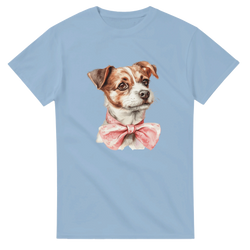 Light blue women's graphic tee with a cute dog portrait wearing a pink bow tie, soft cotton blend.