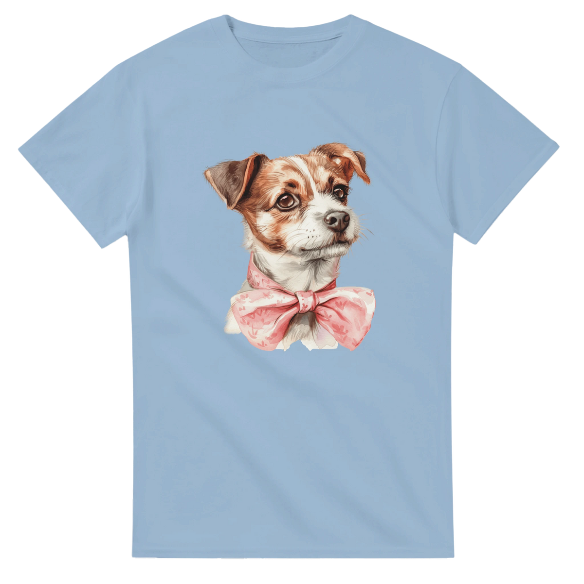 Light blue women's graphic tee with a cute dog portrait wearing a pink bow tie, soft cotton blend.