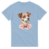 Light blue women's graphic tee with a cute dog portrait wearing a pink bow tie, soft cotton blend.