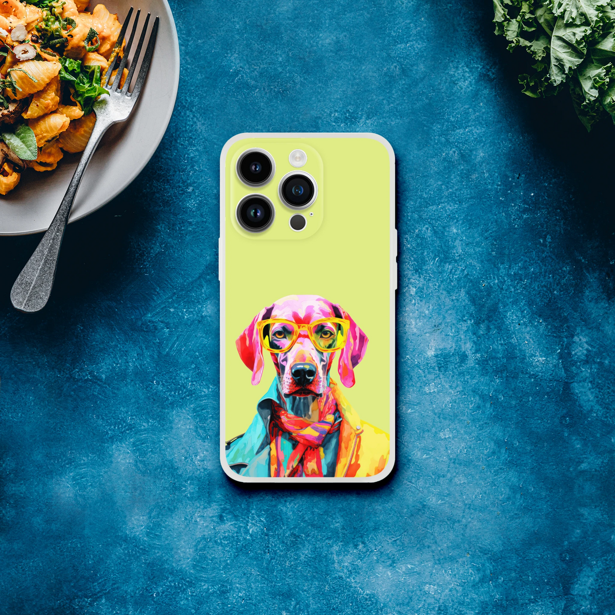 Neon yellow iPhone case (13-16) with triple camera cutouts and a colorful dog wearing sunglasses artwork on a blue surface.