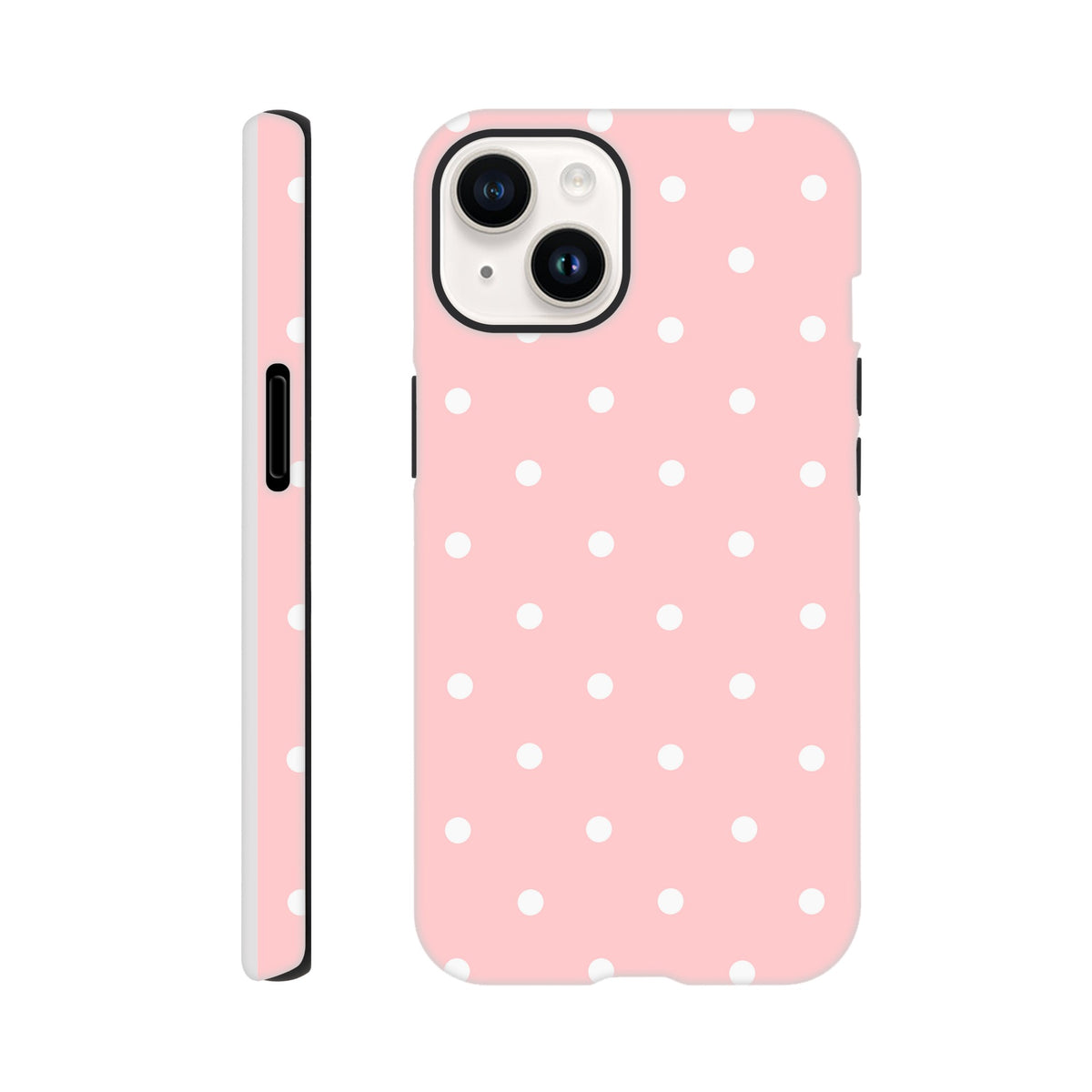 Pastel pink tough iPhone case with white polka dots, featuring shock-absorbing TPU and dual-layer protection for drop resistance.