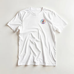 White men's t-shirt featuring a colorful circular Urban Palm Trees logo with a rainbow border and palm tree graphic on the left chest.