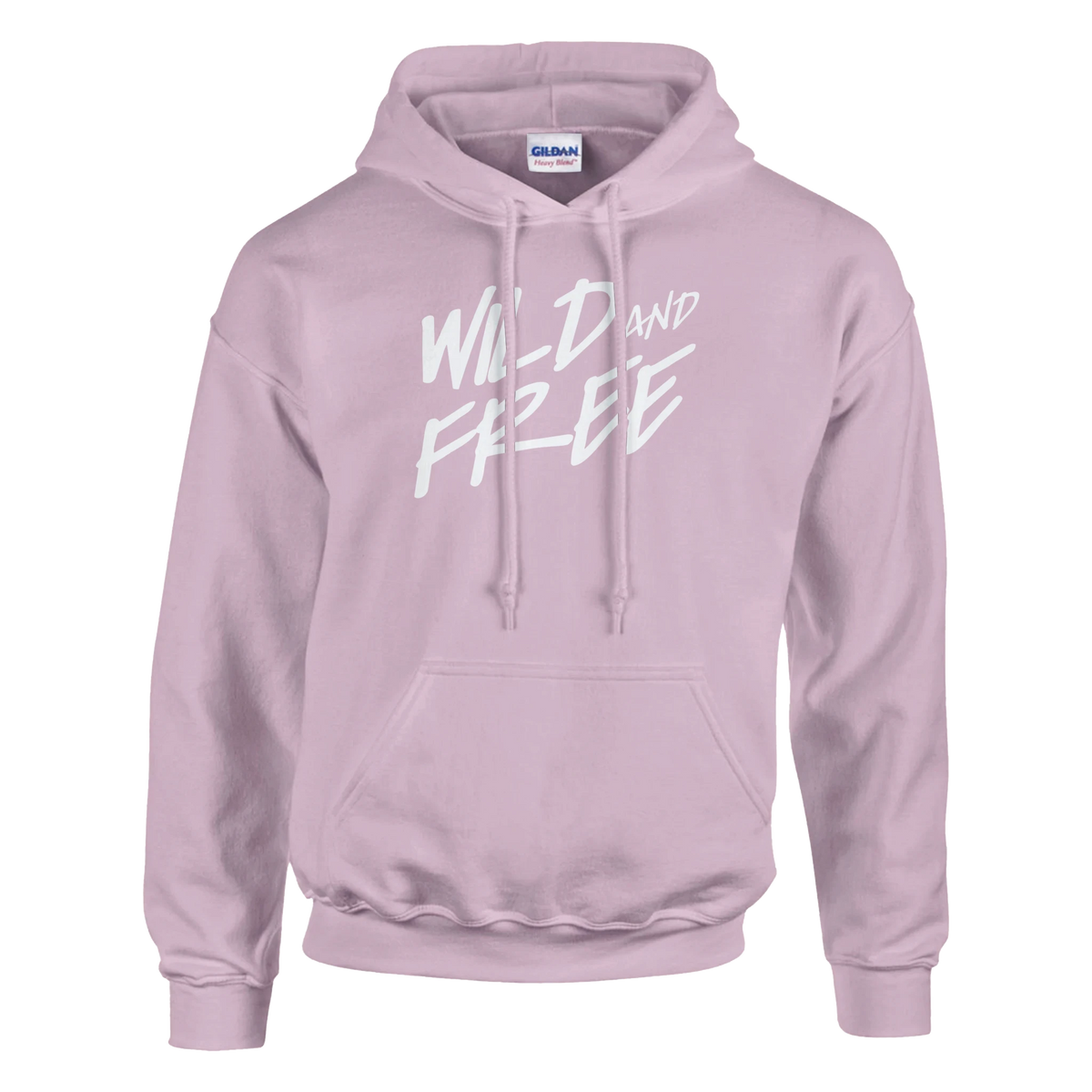 Pastel pink hoodie with white Wild and Free slogan, front pocket, casual women’s streetwear.