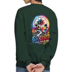 Dark green Full Send petrolhead sweatshirt featuring a retro palm tree and tire track graphic on the back.