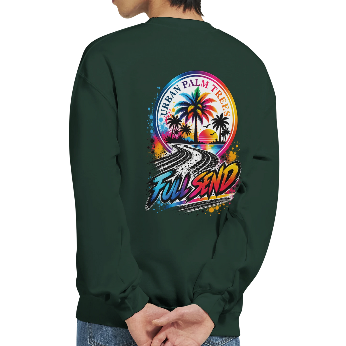 Dark green Full Send petrolhead sweatshirt featuring a retro palm tree and tire track graphic on the back.