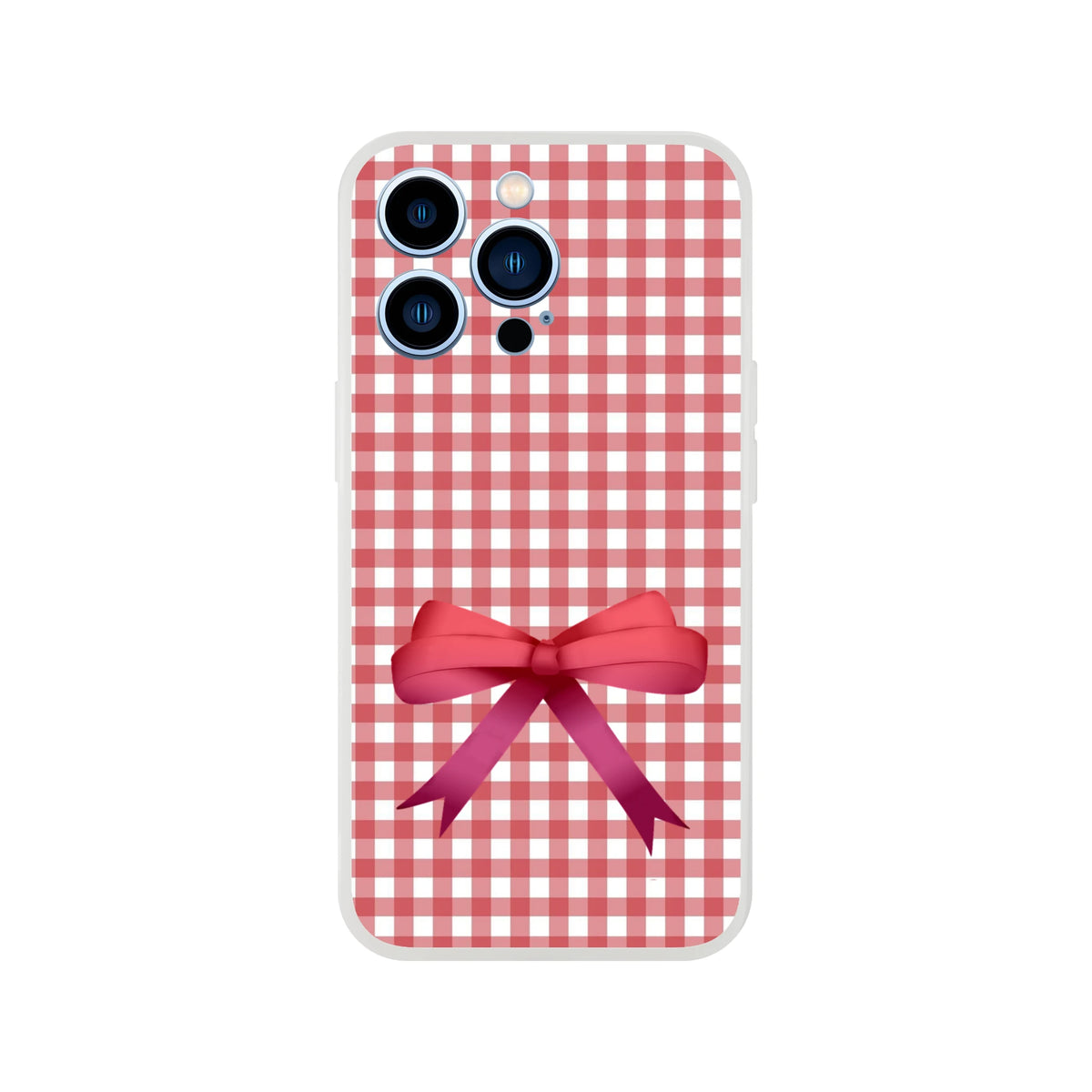Red gingham bow iPhone case (13-16) with slim protection and cute coquette aesthetic.