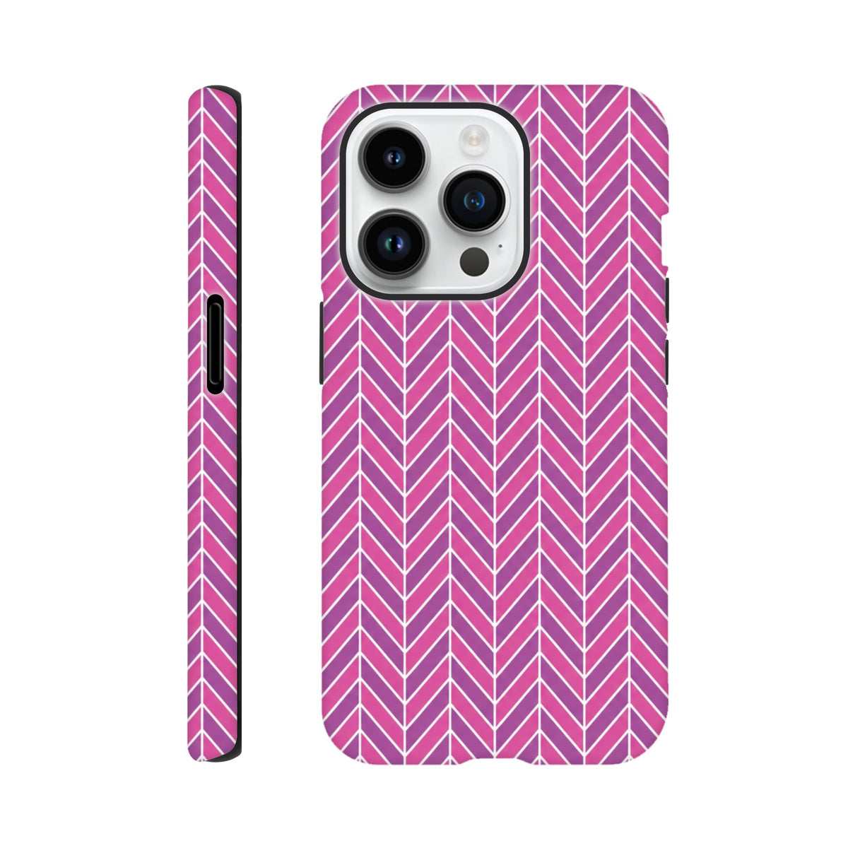 Pink herringbone geometric iPhone case with dual-layer tough protection and shock-absorbing TPU for daily impact resistance.