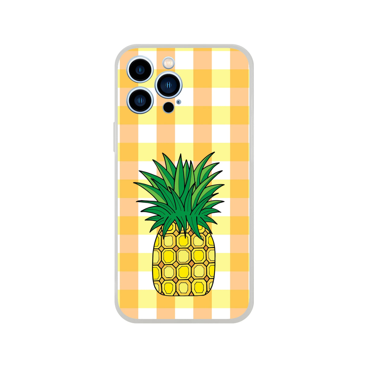 Cute Pineapple Gingham iPhone Case (13-16) with sunny pineapple design on yellow gingham background.