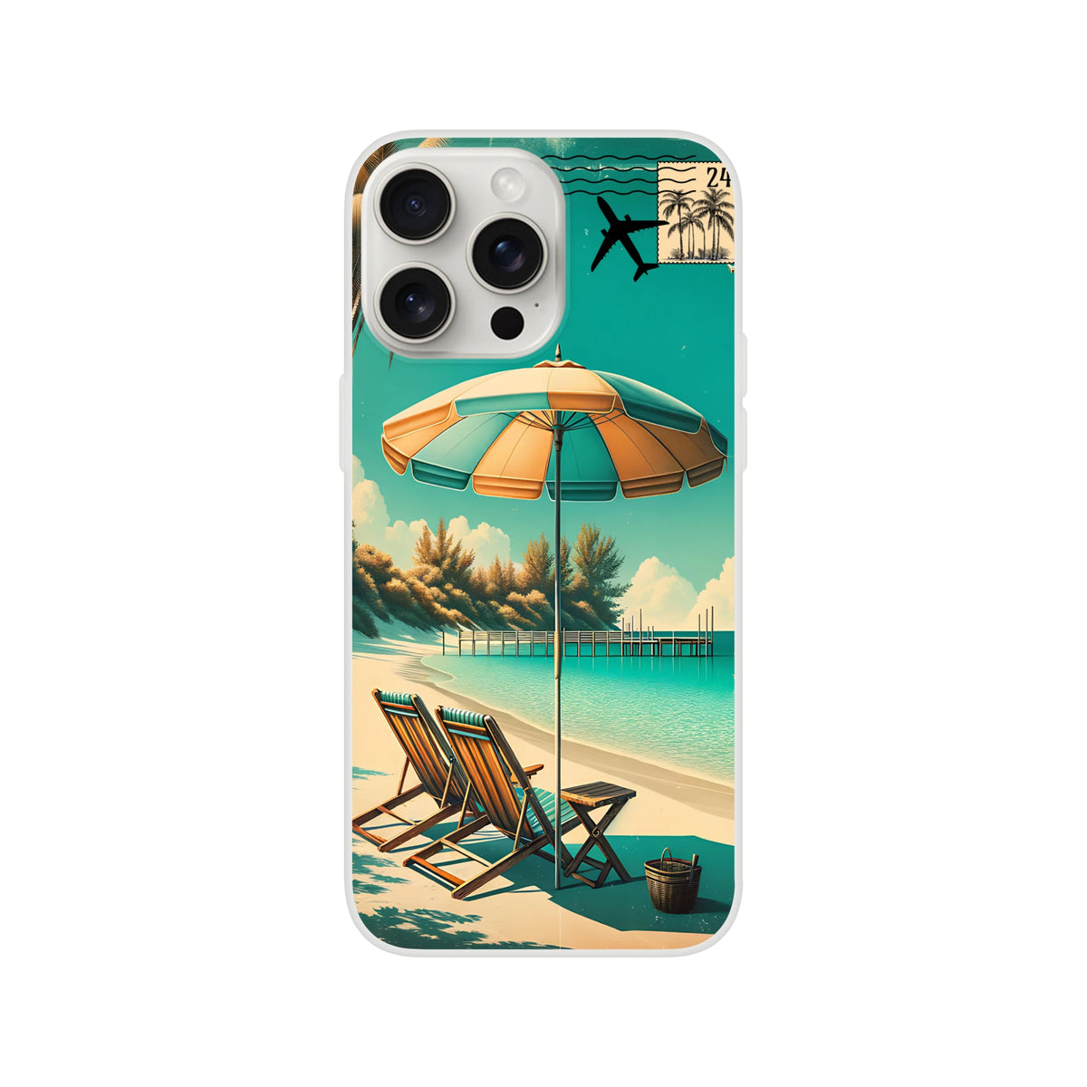 Vintage postcard-themed iPhone case for 13-16 with tropical beach scene and palm trees.
