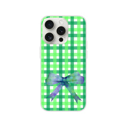 Green gingham bow iPhone case with frosted transparent TPU and printed bow for iPhone 13-16, cute coquette aesthetic.