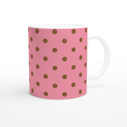 Pink & brown polka dot ceramic mug. Retro spotty coffee cup adding charm to desks, dorms, or gifting for daily coffee and tea.