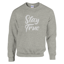 Gray women's sweatshirt with large white Stay True script on the front.