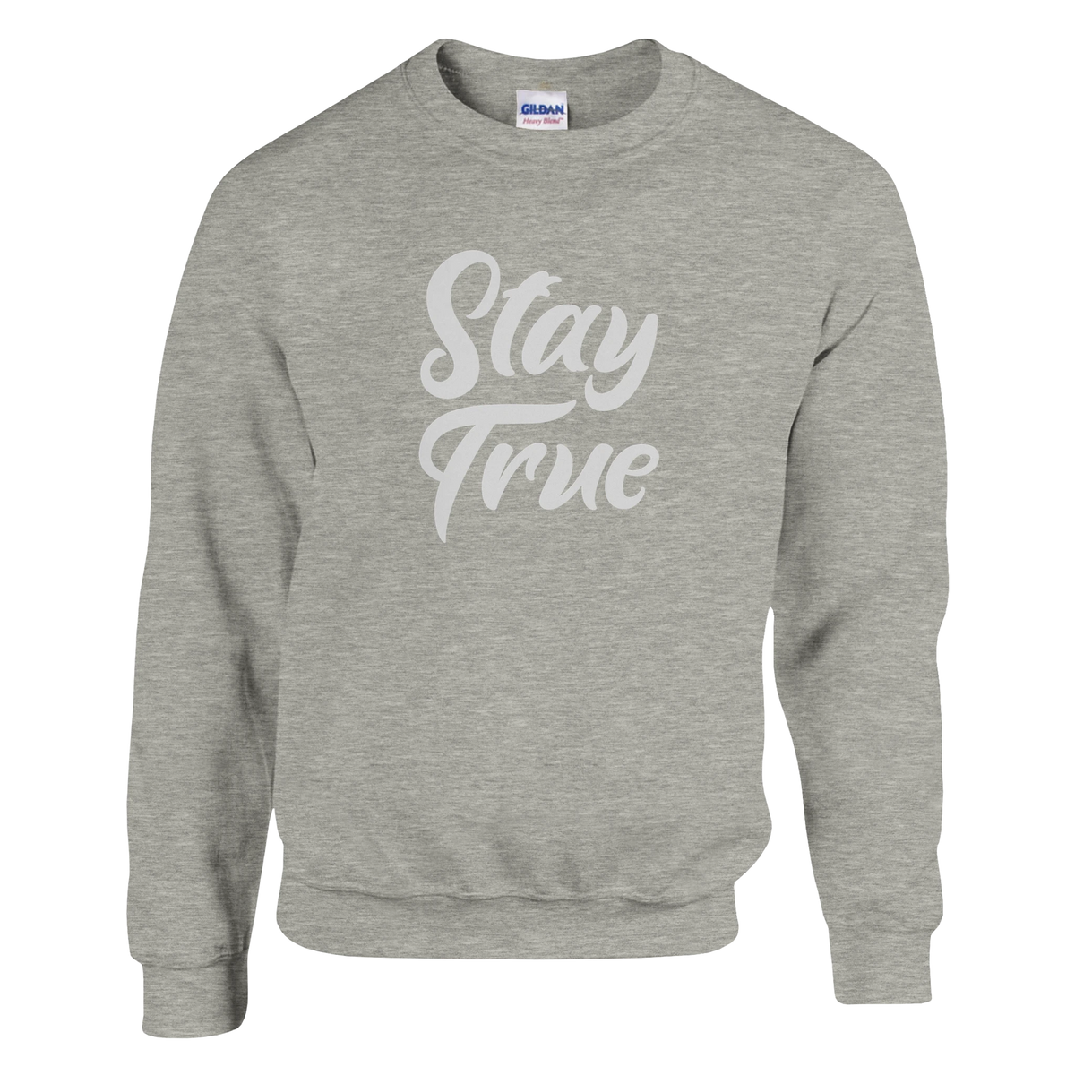 Gray women's sweatshirt with large white Stay True script on the front.
