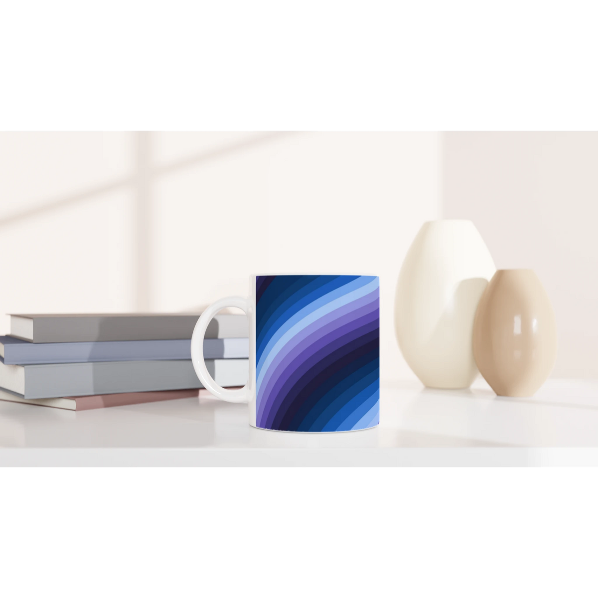 Blue Retro Wave Mug with abstract Y2K swirl; ceramic coffee cup for home, office, dorm, or gifting.