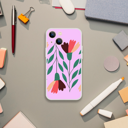 Pink floral iPhone case with green leaves and large petals; fits iPhone 13-16, vintage aesthetic.