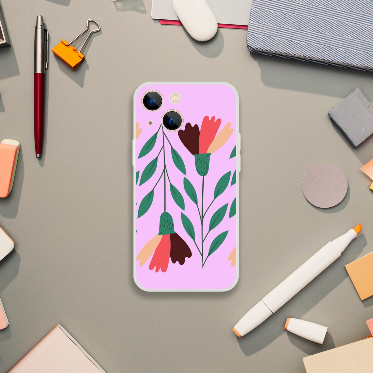 Pink floral iPhone case with green leaves and large petals; fits iPhone 13-16, vintage aesthetic.