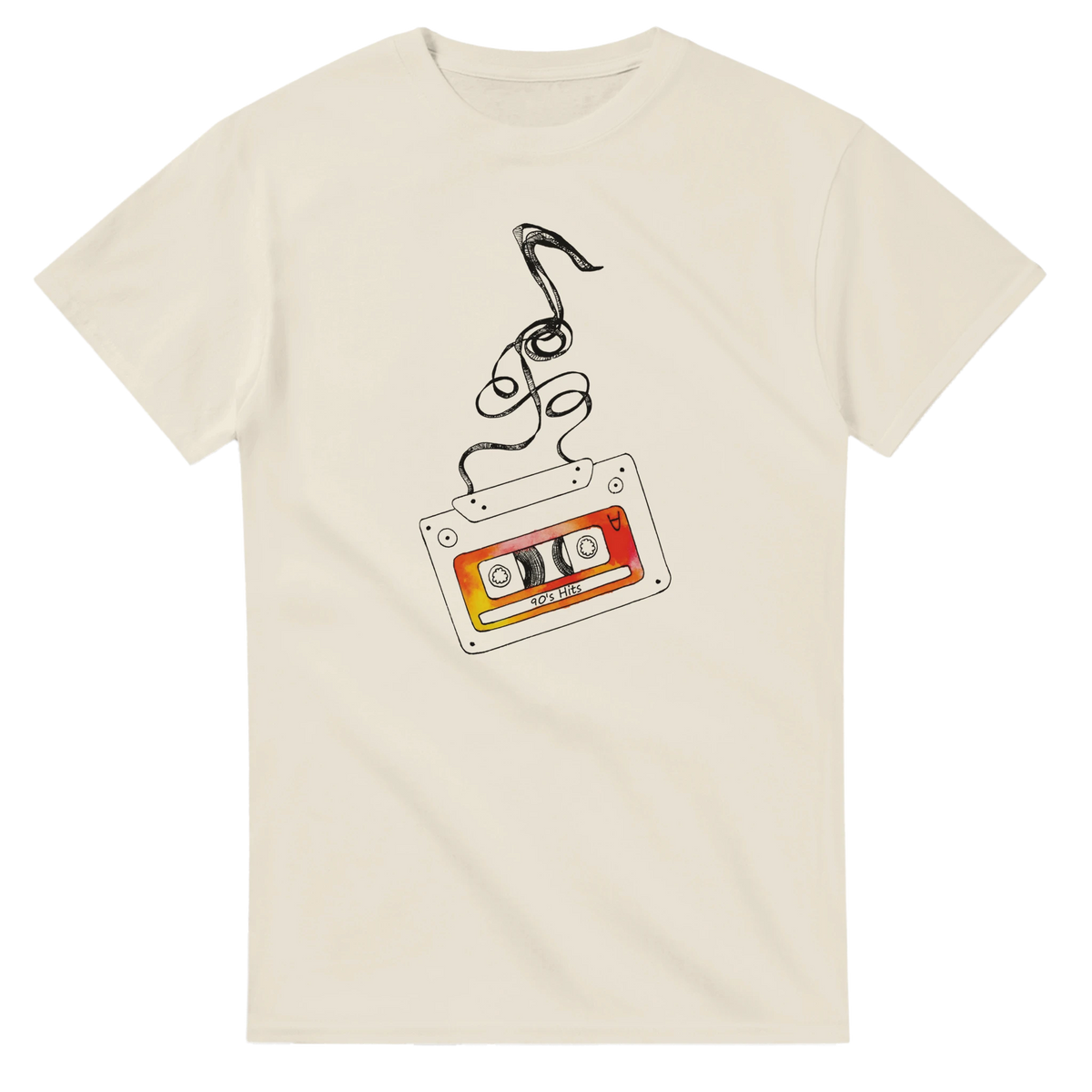 Cream t-shirt featuring a retro cassette tape illustration with unraveling black tape ribbon and colorful "90s Hits" label.
