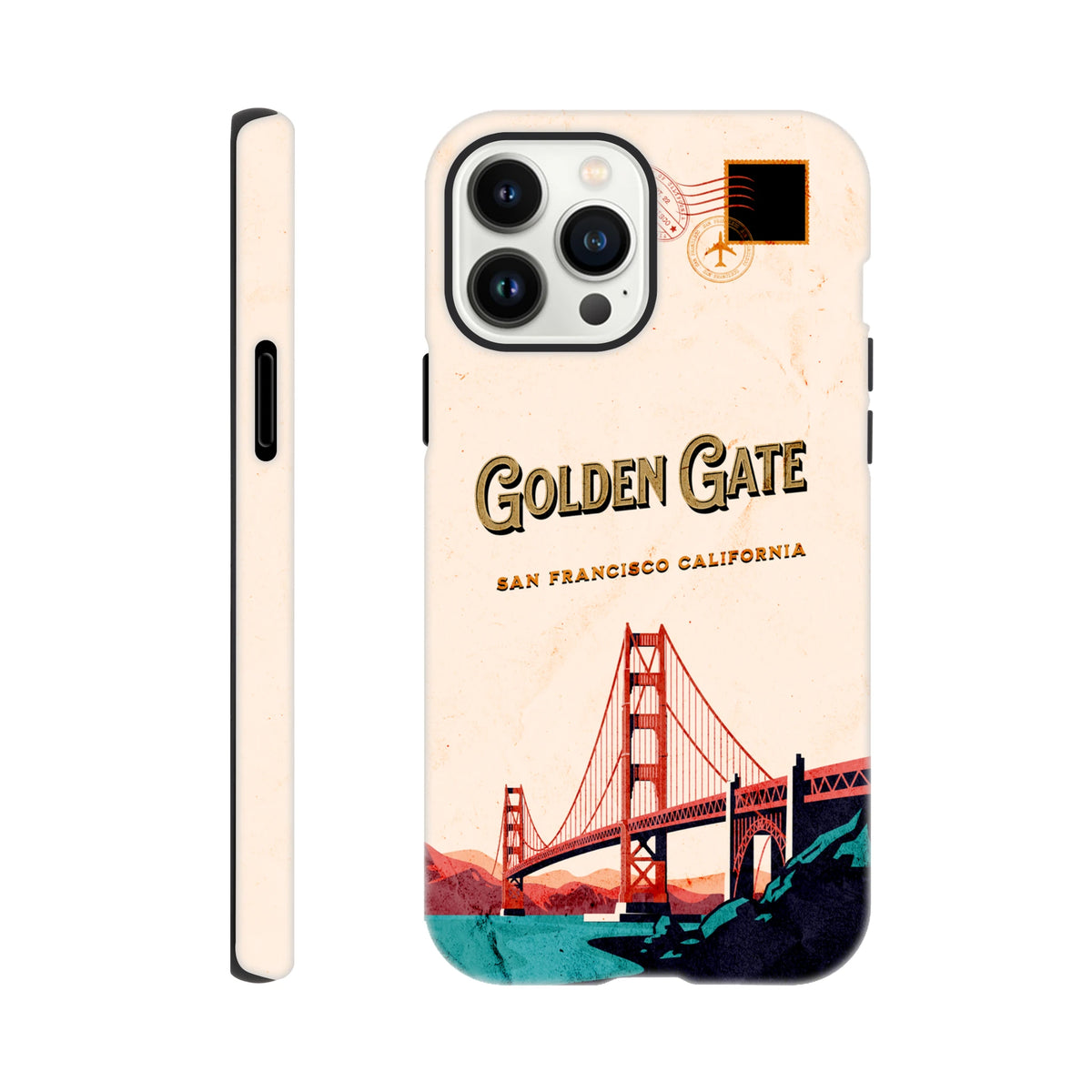 Retro San Francisco iPhone case features vintage Golden Gate Bridge postcard design with travel stamp graphics and typography.