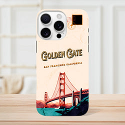 Retro San Francisco iPhone case featuring a vintage Golden Gate Bridge postcard design with travel stamp graphic.