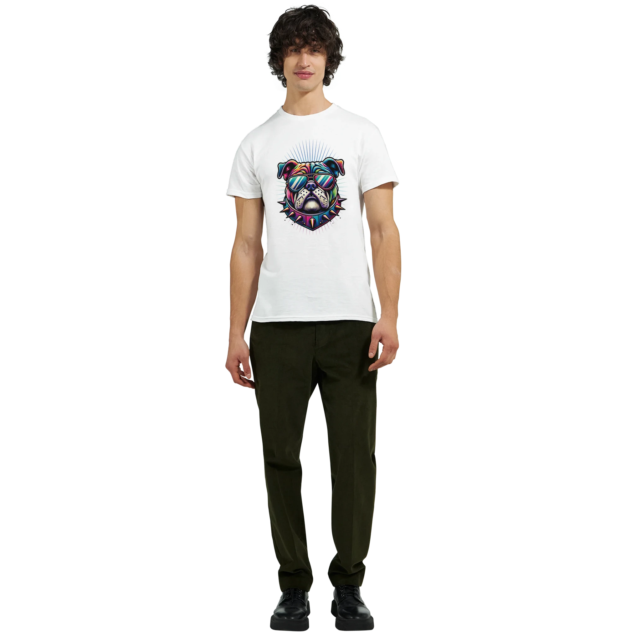 Men's white heavyweight cotton blend T-shirt with a colorful bulldog graphic wearing sunglasses.