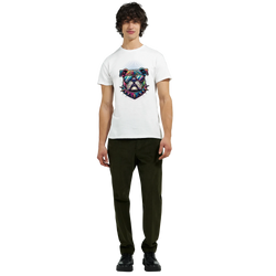 Men's white heavyweight cotton blend T-shirt with a colorful bulldog graphic wearing sunglasses.