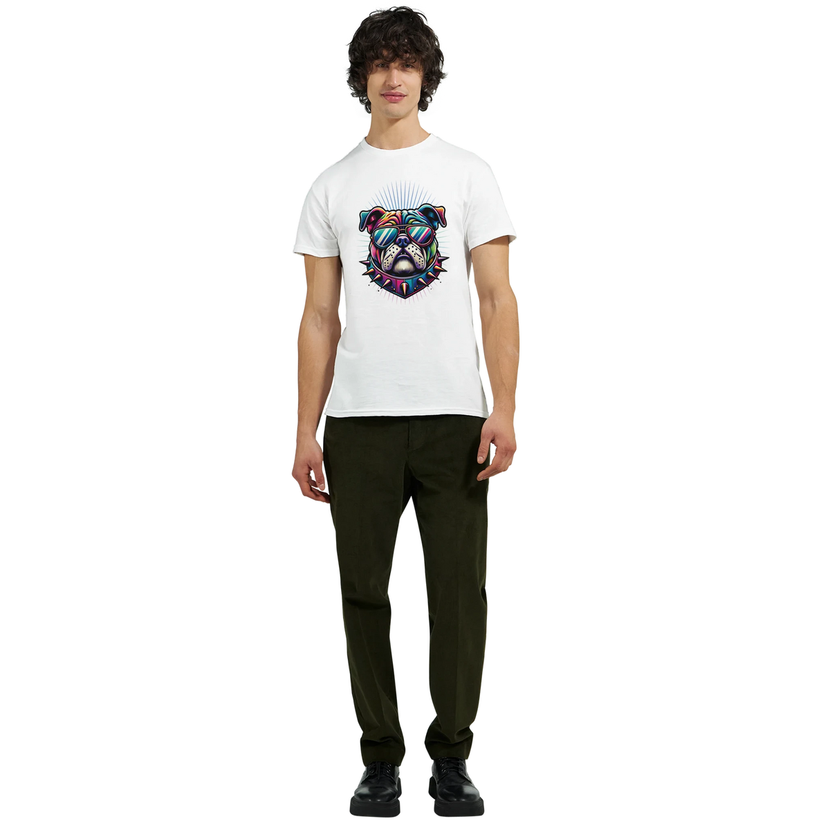 Men's white heavyweight cotton blend T-shirt with a colorful bulldog graphic wearing sunglasses.