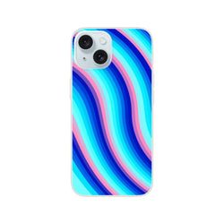 Blue and pink retro wave iPhone case (13-16) with a matte finish and slim shell, featuring groovy Y2K swirl.