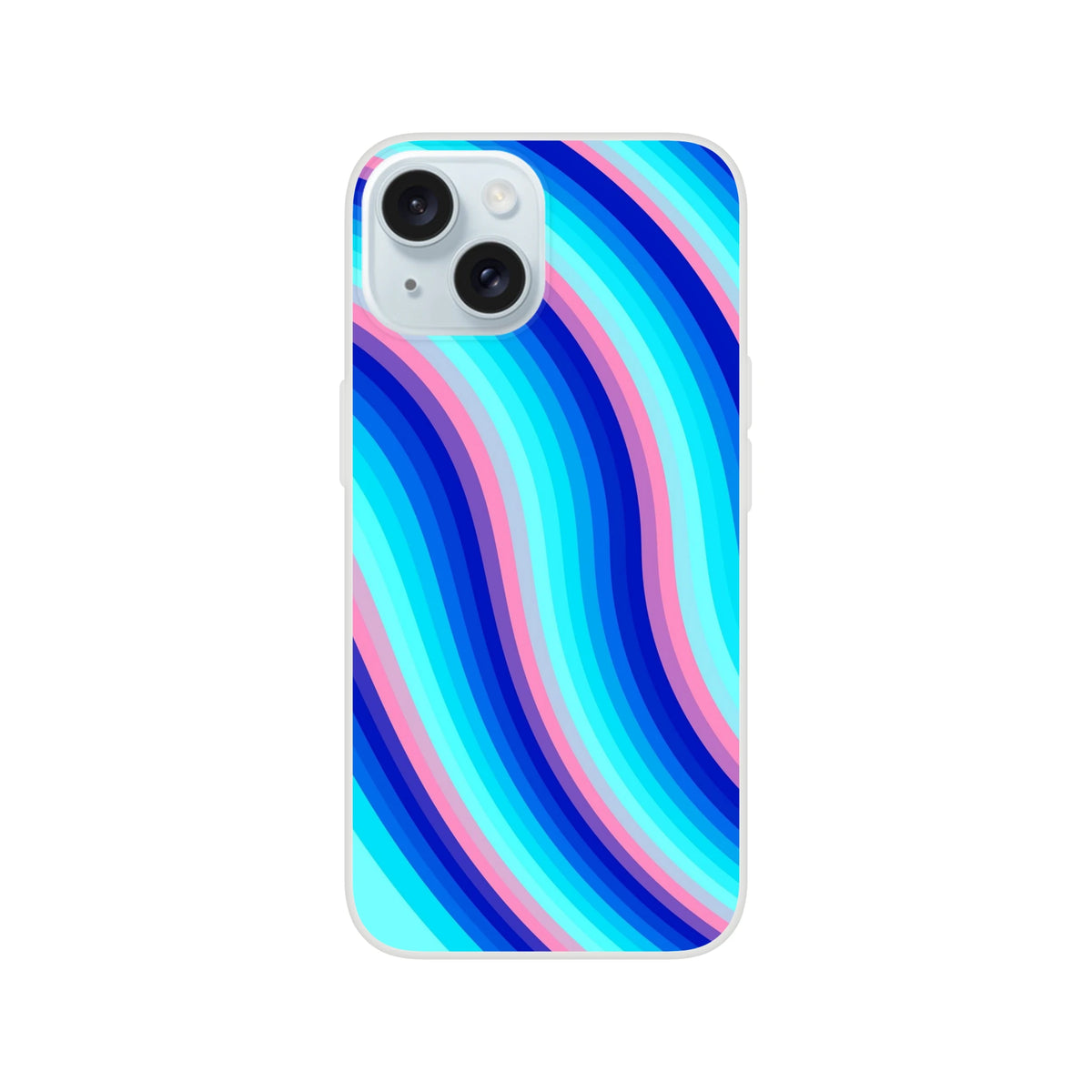 Blue and pink retro wave iPhone case (13-16) with a matte finish and slim shell, featuring groovy Y2K swirl.