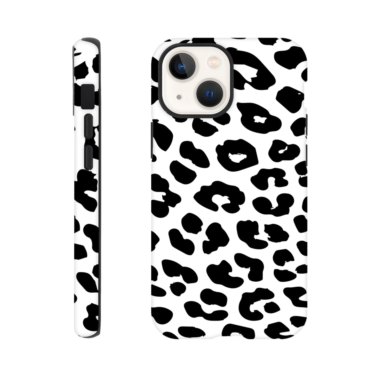 Black and white snow leopard print tough iPhone case with wrap-around design and shock-absorbing protection.