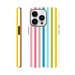 Retro rainbow striped tough iPhone case featuring vibrant vertical lines in pink, blue, yellow, and green for iPhone 13-16.