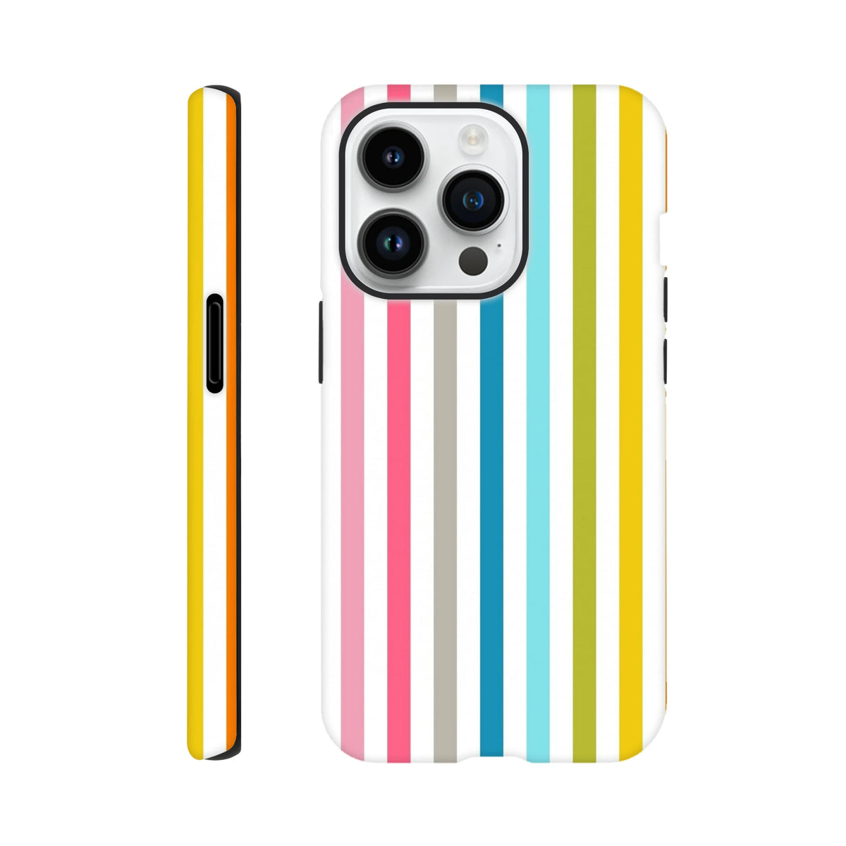 Retro rainbow striped tough iPhone case featuring vibrant vertical lines in pink, blue, yellow, and green for iPhone 13-16.