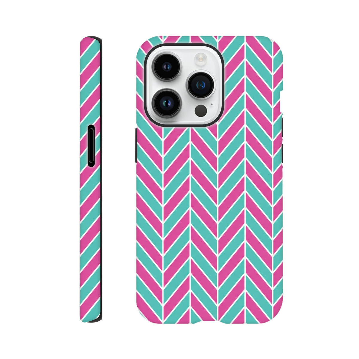 Pink and turquoise herringbone tough iPhone case with geometric chevron pattern and shock-absorbing dual-layer TPU protection.
