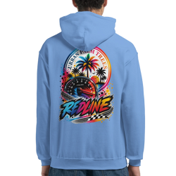 Blue Redline car hoodie for men featuring a retro tachometer, palm trees, and checkered flag streetwear graphic on the back.