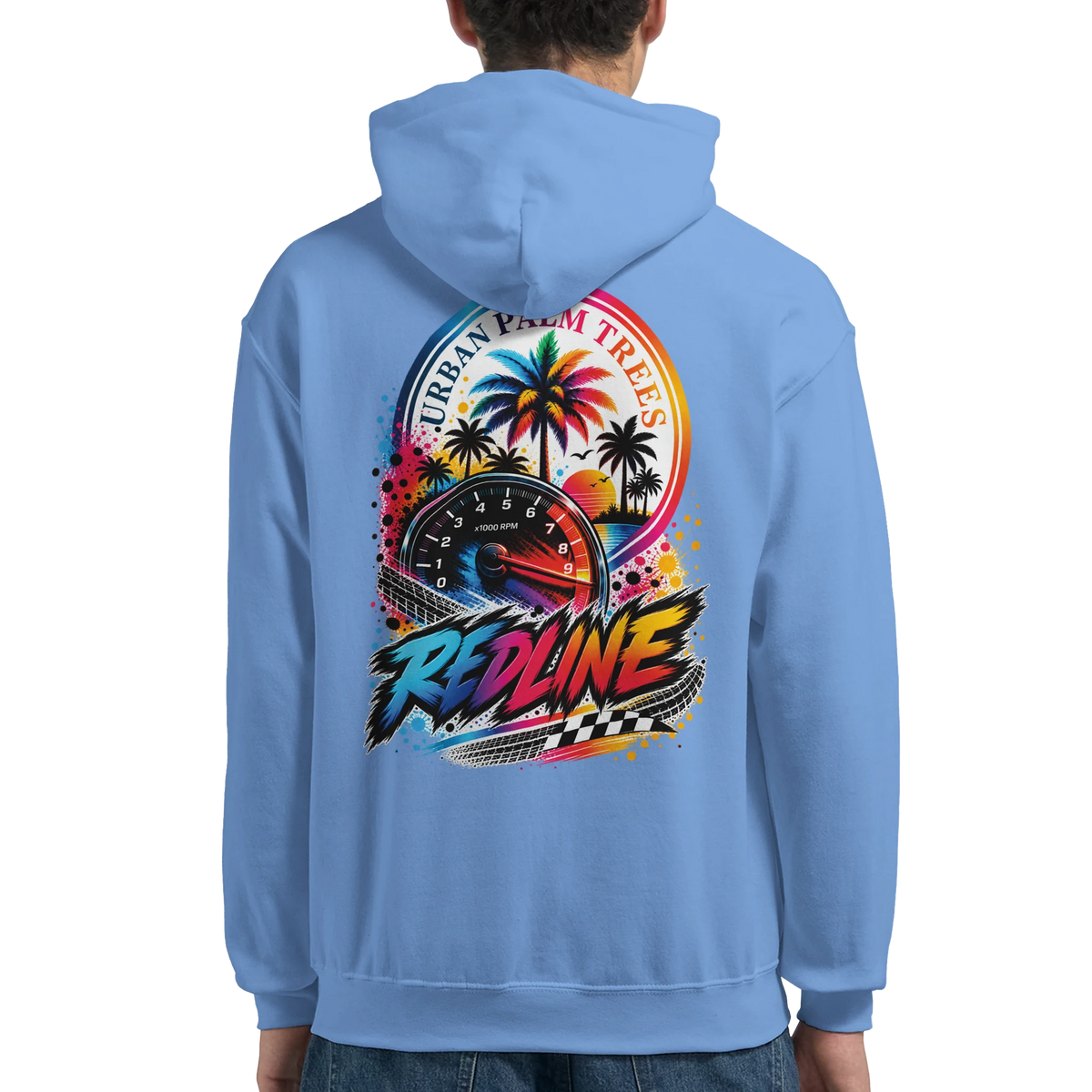 Blue Redline car hoodie for men featuring a retro tachometer, palm trees, and checkered flag streetwear graphic on the back.
