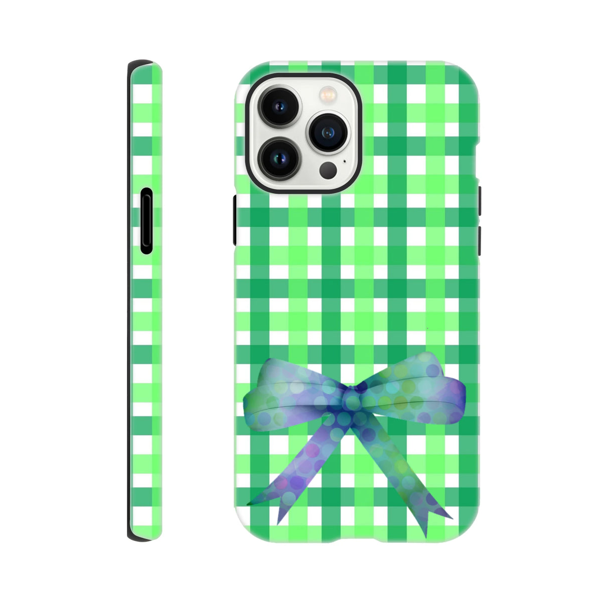 Green gingham iPhone case with a blue polka dot bow, offering cute coquette protection for iPhone 13-16 models.