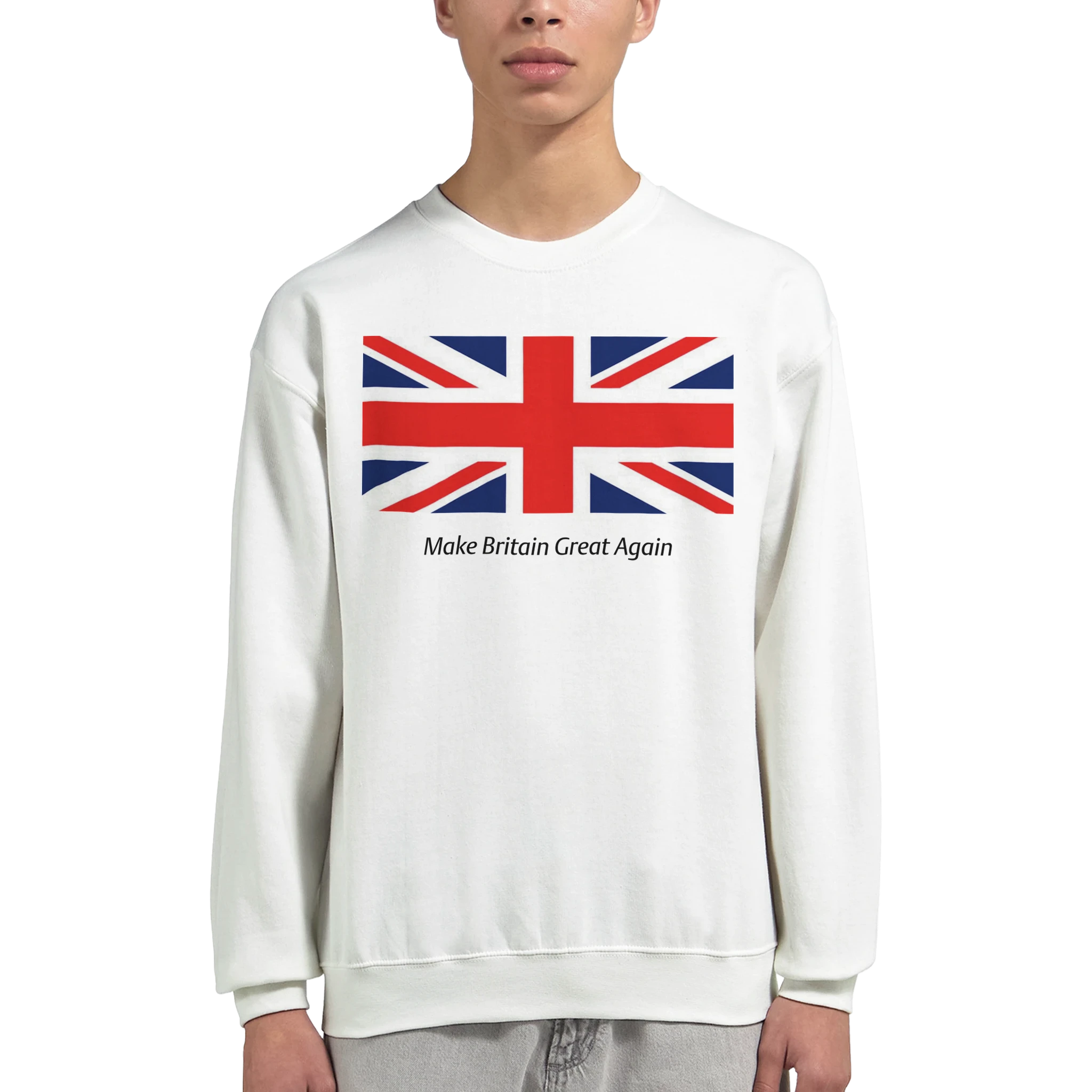 White men's Union Jack Make Britain Great Again graphic sweatshirt, 50/50 cotton-poly blend, sizes S to XL.
