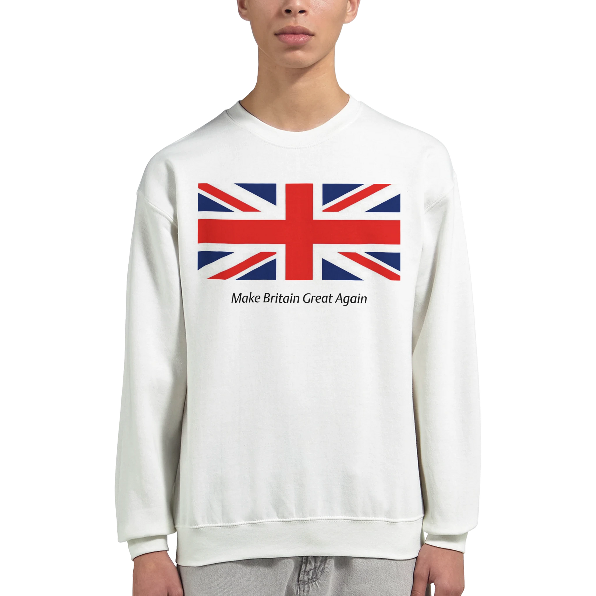 White men's graphic sweatshirt with Union Jack design and text 'Make Britain Great Again' worn by a person on a white background