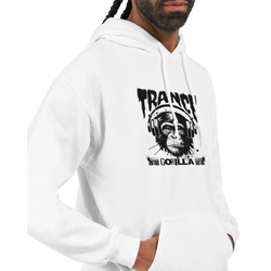 White Trance Gorilla graphic hoodie with a black gorilla wearing headphones and TRANCE GORILLA text.