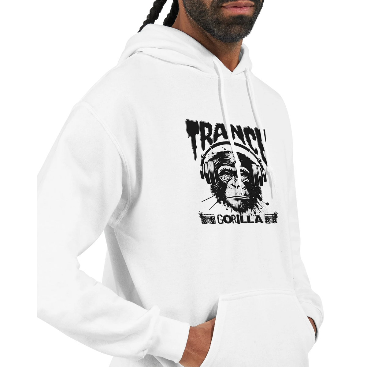 White Trance Gorilla graphic hoodie with a black gorilla wearing headphones and TRANCE GORILLA text.